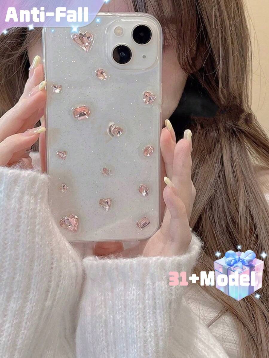 Funda de teléfono personalizada con diamantes de cristal transparentes brillantes, compatible con iPhone 14 Pro Max, 13, 12, 11, XR, XS, X 16 Pro Max, diseño femenino resistente al agua, a los golpes y a los arañazos - diamantes de imitación rosas - Ver 1