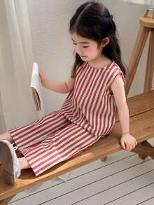 DAZY Bộ đồ 2 món áo không tay cổ tròn kẻ sọc kiểu Hàn Quốc cho bé gái sơ sinh/trẻ nhỏ: áo và quần. - Hồng - Xem 7