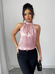 Selianne Blusa elegante sin mangas con escote halter brillante para vacaciones de primavera/verano - Rosa - Ver 4