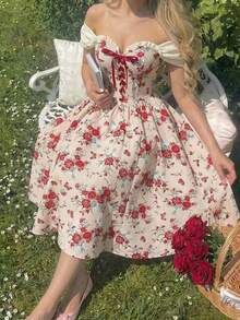 SHEIN MOD 大码女式碎花露肩蝴蝶结荷叶边连衣裙，婚纱，情人节连衣裙，约会连衣裙，春夏连衣裙，度假连衣裙 - 彩色 - 查看 8