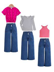 SHEIN Young Girls New Vacation Sunflower Ruffle Elastic Waist Comfortable Soft Loose Casual Fashion Jeans - Medium Wash - View 3