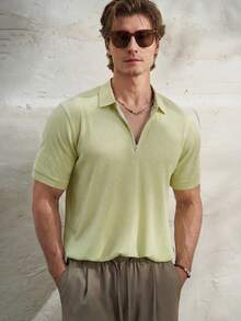 Airaco 夏季庆典季薄荷绿半拉链纹理 Polo 衫，男士海滩度假装扮 - 綠色 - 查看 7