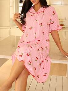 Lowkey Lull Striped Cherry Print Short Sleeve Women Nightgown - Multicolor - View 3