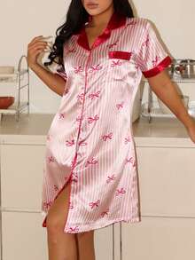 Camisón de mujer con cuello abierto, lazo y estampado de manga corta - Multicolor - Ver 4