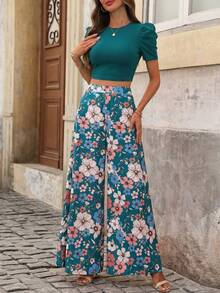 SHEIN Clasi 女士绿色碎花套装，优雅适合度假、外出和派对穿着，春夏款 - 綠色 - 查看 5