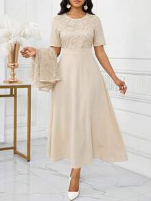 SHEIN Lady 女士亮片网纱七分袖上衣和连衣裙优雅两件套 - 藍色 - 查看 4
