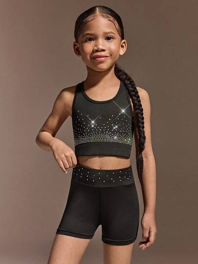 Young Girls' Black Active Set With Colorful Crystal Accents Featuring A High-Neck Sports Top And Matching Shorts, Made From High-Stretch Skin-Friendly Fabric For Maximum Flexibility, Perfect For Gymnastics Practice, Dance Training, And Athletic Performance Rehearsals