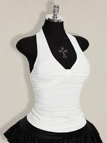 SHEIN ICON Plus Size Black Halter Ruched Backless Top, Bow Tie, Suitable For Vacation, Music Festival, Punk - White - View 6