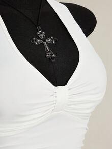 SHEIN ICON Plus Size Black Halter Ruched Backless Top, Bow Tie, Suitable For Vacation, Music Festival, Punk - White - View 7