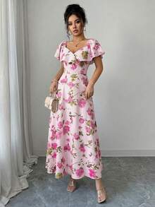 Elenzga Ruffled Waist A-Line Ditsy Floral Elegant French Style Dress - Pink - View 6
