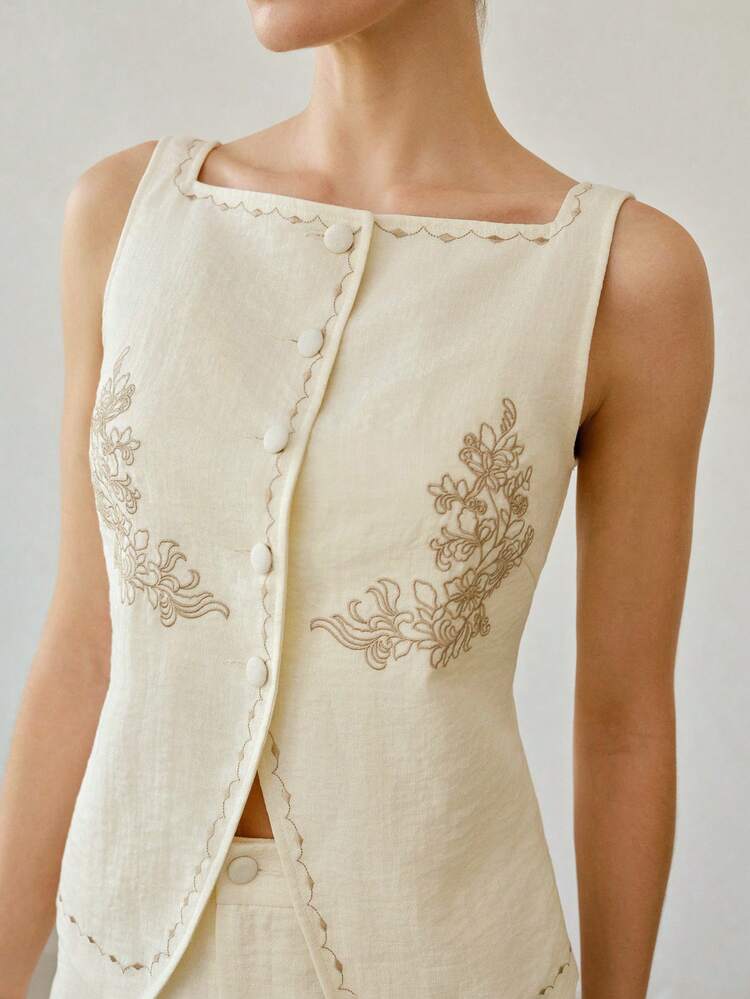 WOMEN'S SLEEVELESS FLORAL EMBROIDERED BUTTON-UP THIN JACKET TOP FOR VACATION