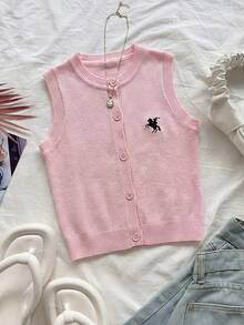 SHEIN Ärmlös stickad tröja väst kofta med broderi - Rosa - Visa 5