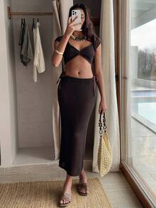 SHEIN Conjunto de saída de praia em malha de cor sólida para férias - Castanho - Ver 5