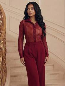 Anewsta Chic Modern Sexy Sheer Striped Knit Blouse Top For Women - Burgundy - View 6