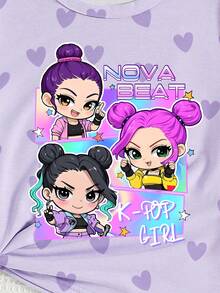 Estilos de verano acogedores Camiseta básica corta y relajada con estampado de personaje de dibujos animados de grupo de chicas virtuales, corazón morado, estrella de cinco puntas y eslogan colorido, para uso diario, adecuada para primavera y verano, ropa de niña bebé - Multicolor - Ver 5