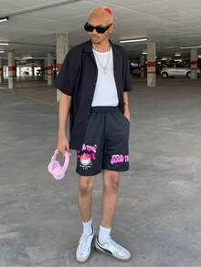 Ngobest Haus Ngobest Haus Men's Slogan Cartoon Character Printed Drawstring Waist Casual Shorts, Football Style - Black - View 1