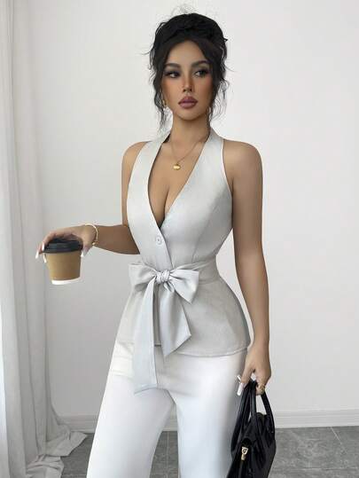 Elenzga Women's Solid Color Single-Breasted Knotted Waist Halter Neck Vest