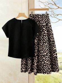 Rusticease 女士度假休闲纯色上衣+印花半裙套装（2件套），女士夏季服装，夏季半裙套装，半裙上衣套装，女士半裙上衣套装，印花半裙套装 - 彩色 - 查看 2