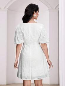 Modelyn V-Neck Puff Sleeve Eyelet Embroidery White Dress - White - View 5