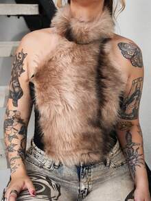 Arliah Y2K 渐变色毛茸茸拼布透视网眼性感紧身吊带背心 - 彩色 - 查看 5