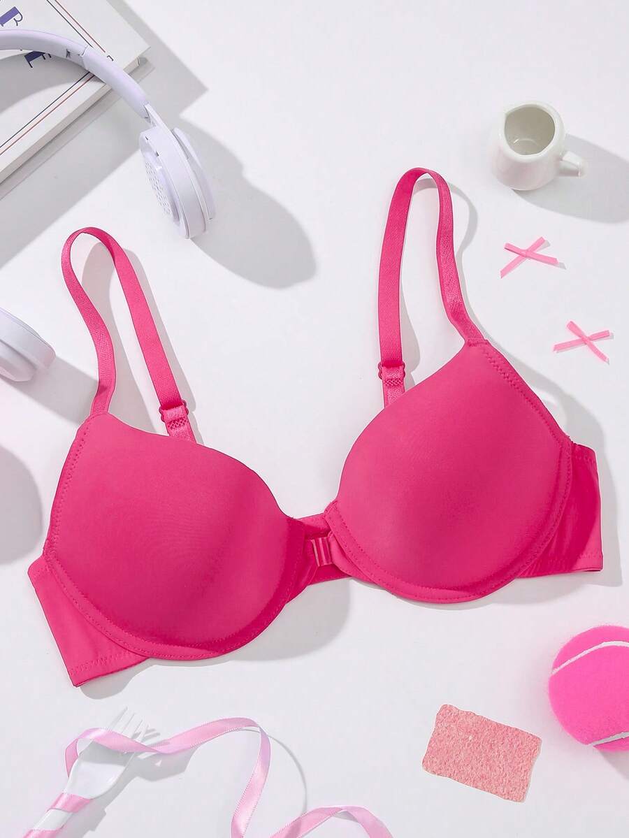 SHEIN 1pc Women's Solid Color Front Opening Wire Bra - Hot Pink - View 1