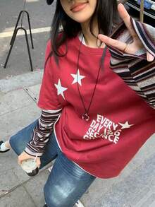 DAZY Áo thun dài tay nữ cổ tròn phối sọc tương phản kiểu Hàn Quốc - Đỏ - Xem 9