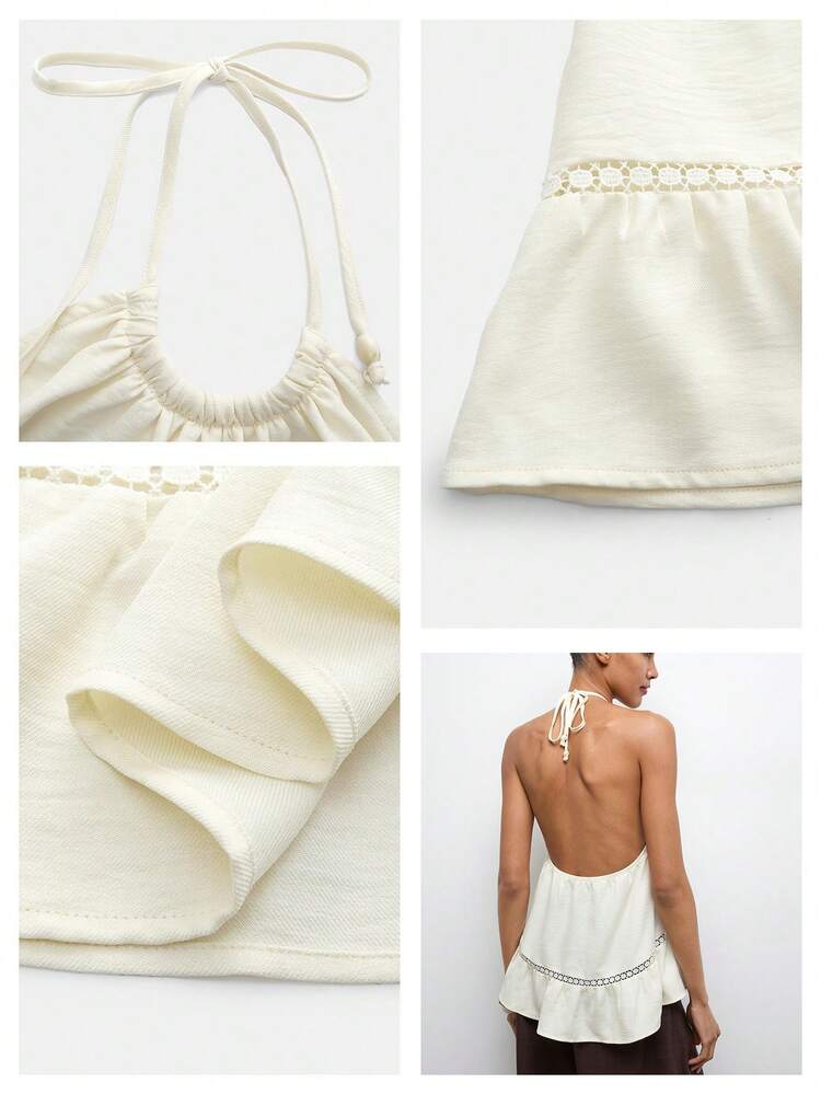SHEIN Maija Women's Tie-Neck Backless Solid Color Pleated Casual Versatile Daily Wear Top,White Tops,Summer Clothes, Beach Outfit ,Summer Holiday Outfits,Vacation Outfits For Women,Summer Top