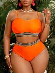 Slaydiva Plus Size Women 2pcs Solid Color Webbing High Waist Triangle Bikini Swimwear Set - Burnt Orange - View 6