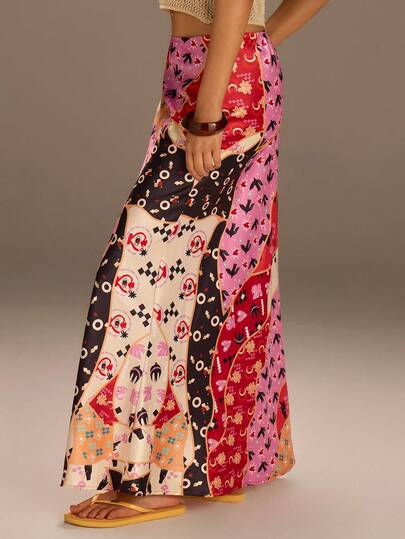 Athîral Women's Casual Patchwork Pattern Fishtail Skirt, Suitable For Vacation