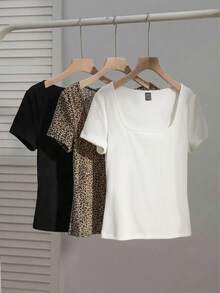 SHEIN EZwear 3pcs/Set Women's Square Neck Short Sleeve Casual Fitted T-Shirt Set, Suitable For Summer, Ribbed Top, Basic - Multicolor - View 1