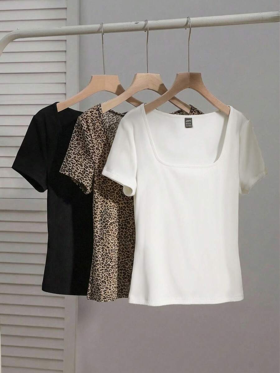 SHEIN EZwear 3pcs/Set Women's Square Neck Short Sleeve Casual Fitted T-Shirt Set, Suitable For Summer, Ribbed Top, Basic - Multicolor - View 1