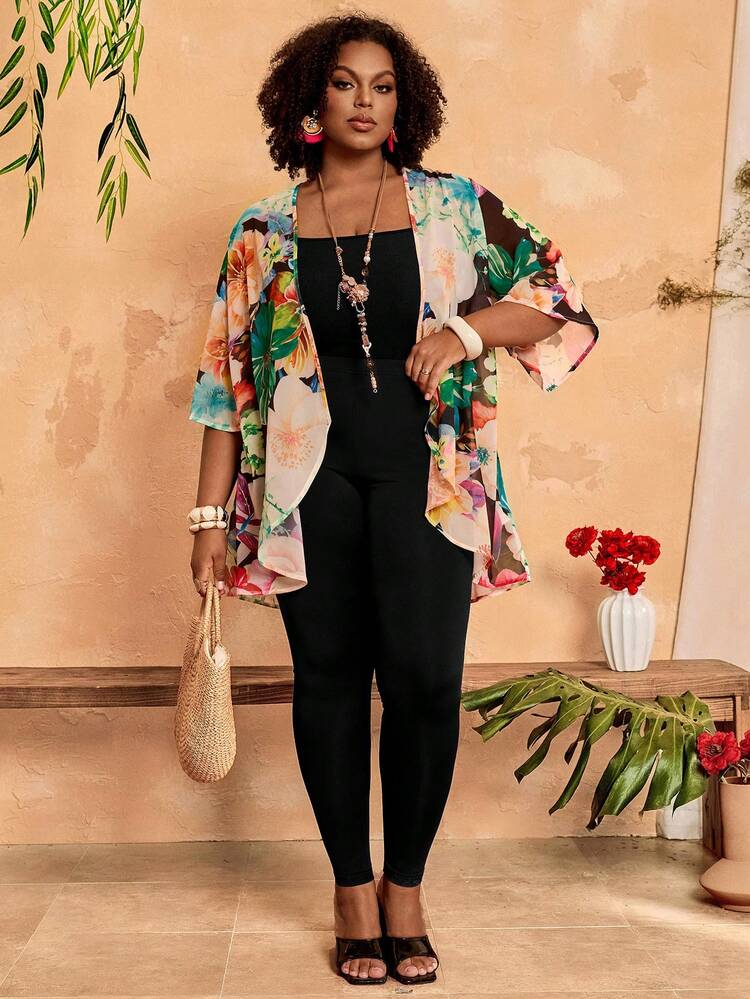 Plus Size Women 2pcs Set: Skinny Leggings And Floral Print Cardigan, Casual Vacation Outfit Women Vacation Outfit Sets Summer Outfits Summer Clothes  Spring  Spring Outfit Women Spring Clothes Beach Vacation Outfits For Women Vacation Dress Bohemian Women's Summer Two-Piece Sets