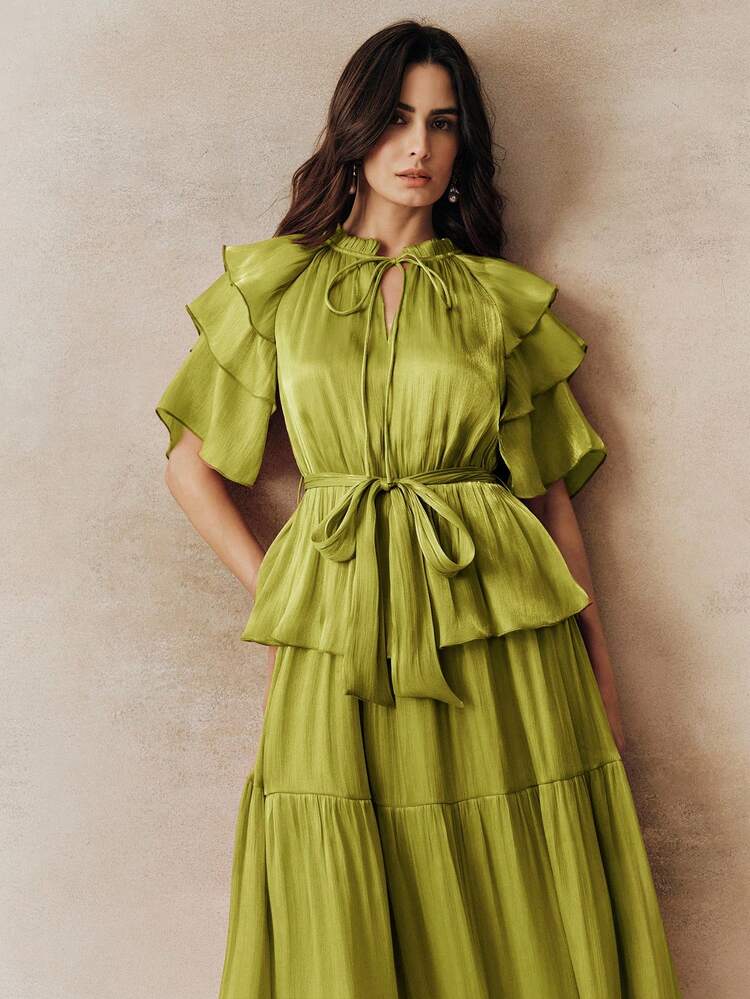 Women's New Elegant Long Dress, Tie-Up Layered Cake Skirt, Business Casual Luxury Wedding Guest Evening Gown, Spring/Summer