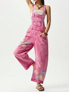 Bohemela Women's Casual Washed Floral Applique Denim Jumpsuit - Pink - View 5