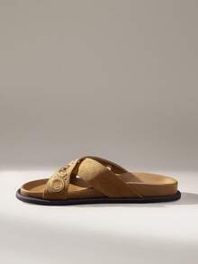 Solecia Damen Schuhe mit Metallringen, Nieten und dekorativem Kreuzriemen-Design, runde Zehenkappe, flache Sohle, flacher Absatz, im Vintage-Western-Stil, aus matter Wildlederoptik und Rindsleder, dunkelbraun, für den täglichen Gebrauch, Zuhause, Einkaufen, Strandurlaub, Café, Marktbesuch - Braun - Übersicht 4
