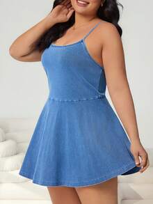 Solflare 大码休闲水洗牛仔吊带连衣裙，春夏至夏，适合嘉年华、通勤、度假、毕业典礼等场合，时尚百搭，Y2K风格，可爱街头风，派对、婚礼、商务休闲皆宜。蓝色女士大码牛仔无袖吊带迷你连衣裙，夏季休闲简约牛仔连衣裙，简约职场连衣裙，可爱牛仔连衣裙，甜美优雅风格。 - 藍色 - 查看 5