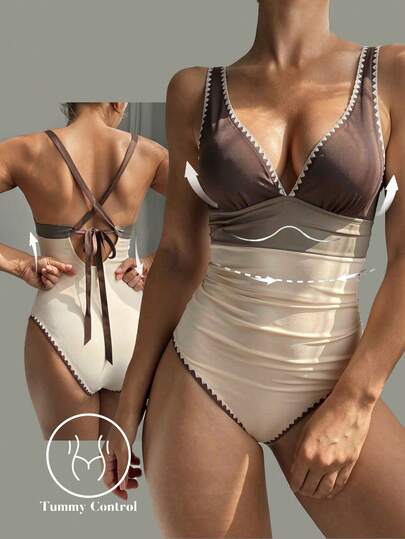 Shapewave 深V领锯齿领，棕色拼接，腰部褶皱时尚连体裤，适合海滩度假