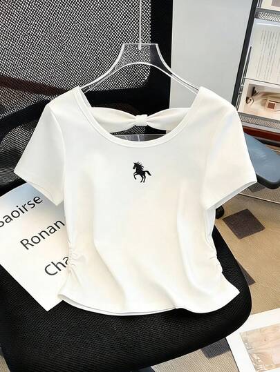 GlowEve Damska luźna koszulka z nadrukiem konia i okrągłym dekoltem i krótkim rękawem