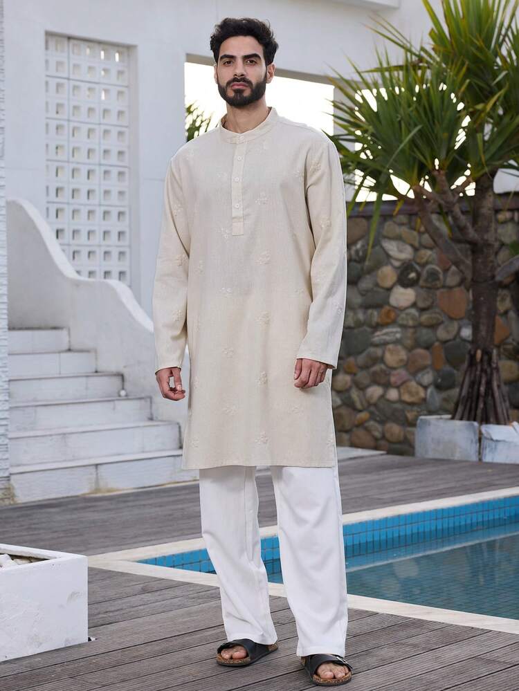 Mid-Length Apricot Side Slit Design Long Sleeve Men's Shirt, Summer