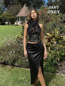 SHEIN MOD 女士时尚不对称下摆缎面半身裙，开衩半身裙，优雅半身裙，适合婚礼及活动、外出、派对、嘉年华服装、毕业典礼半身裙、奢华晚宴、黑色半身裙、婚礼宾客、外出等场合 - 黑色 - 查看 3