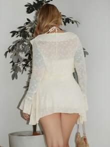 Arliah 2 件套女士秋冬时尚蕾丝花边吊带背心和蕾丝领带腰部 A 字迷你连衣裙套装 - 杏色 - 查看 2