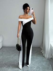Elenzga Bộ jumpsuit trễ vai phối màu tương phản thanh lịch, thời trang dành cho nữ - Đen và trắng - Xem 3