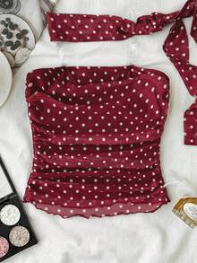 SHEIN Áo tank top và áo camisole cho bé gái tuổi teen, phối cùng khăn quàng cổ, màu đỏ tía chấm bi trắng, eo nhún. - Màu Đỏ Sâu - Xem 3