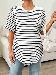 SHEIN 孕妇条纹圆领短袖休闲T恤，侧开衩下摆 - 白色 - 查看 4