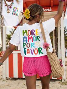 Women's 180g (Sizes S-XXXL), Casual Urban Summer Vacation Clothing, Short Sleeve Graphic T-Shirt, Funny Colorful Text T-Shirts, Personalized T-Shirt For Mom - 白色 2 - 查看 4