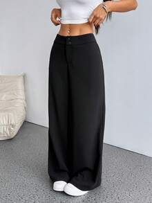 SHEIN PETITE 纯色高腰直筒喇叭裤 - 黑色 - 查看 5