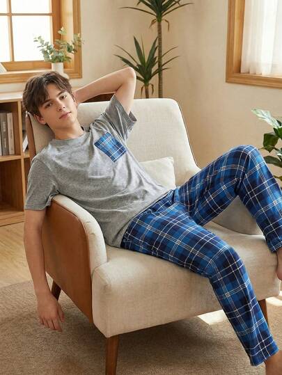 2pcs/Set Teenage Boys Minimalist Gentleman Plaid Pants And Solid Color Plaid Pocket Short Sleeve Top, Fashionable Casual Wear