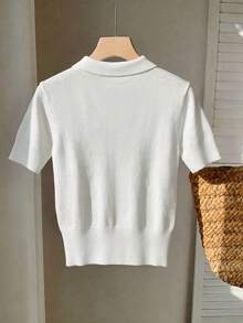 SHEIN Short Sleeve Knit Cardigan With Buttons & Embroidery - White - View 2