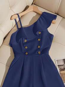 Franclia 优雅通勤荷叶边不对称领连体裤，夏季藏蓝色连体短款连身裤荷叶边连体连衣裙连体裤蓝色连衣裙短款女式连体裤女士连身裤夏季女装夏季服装流行服装可爱女装两件套女士短款夏季服装女士连身裤夏季女装套装 - 藏蓝色 - 查看 3