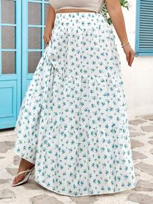 SHEIN CURVE+ 女士休闲度假印花松紧腰荷叶边下摆半身裙 - 藍白色 - 查看 4